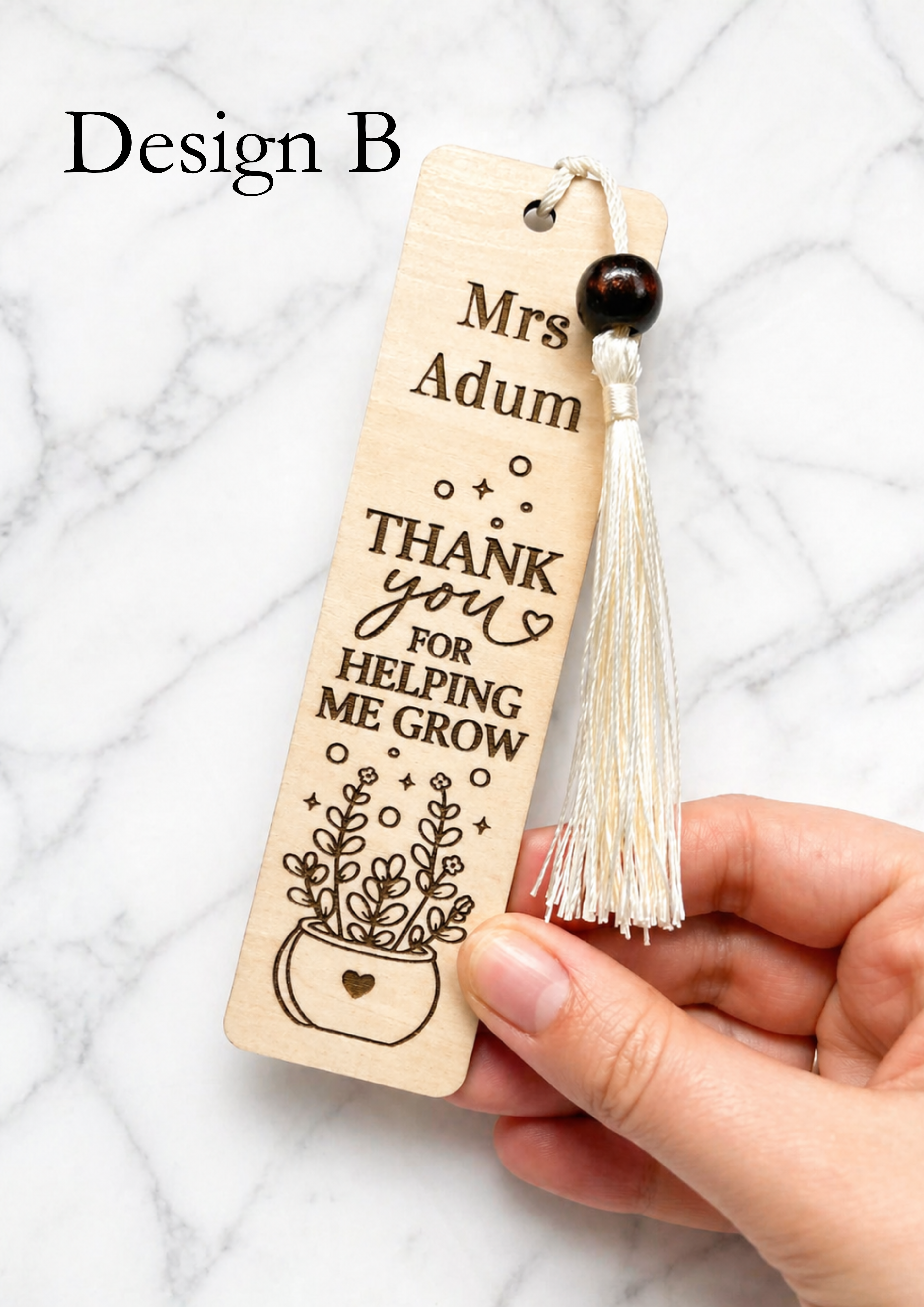 Personalised teacher bookmark design B engraved “Thank you for helping me grow” with floral design