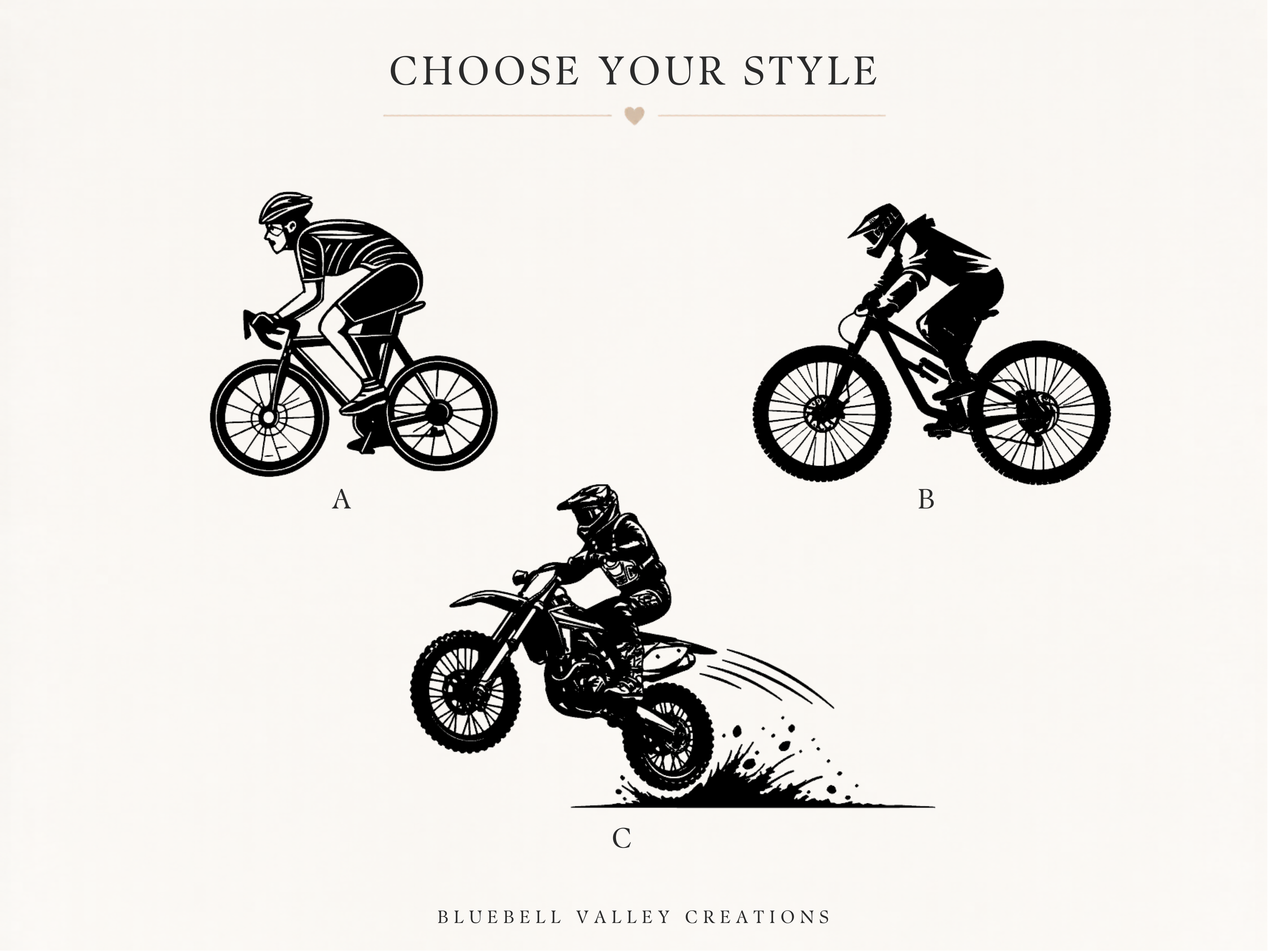 Three silhouettes of people on bicycles with text 'Choose Your Style' and 'Bluebell Valley Creations' at the bottom.