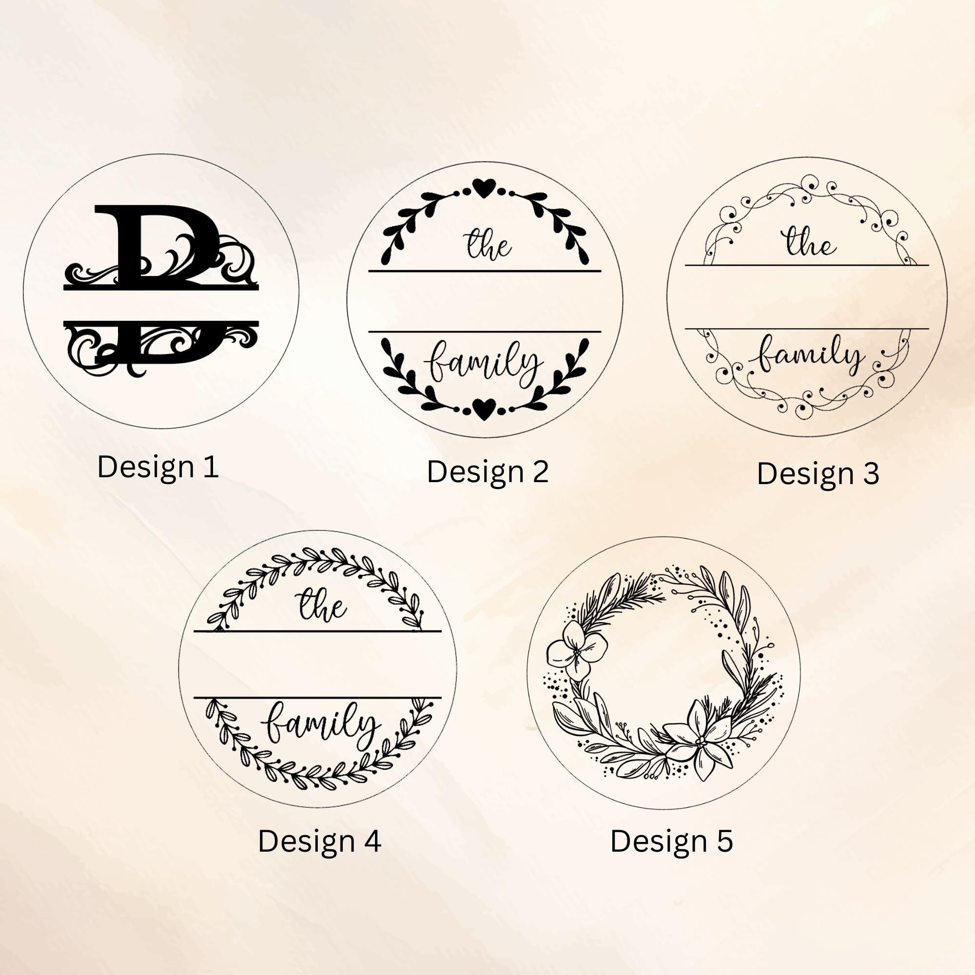 Five circular design options with monograms and text on a beige background
