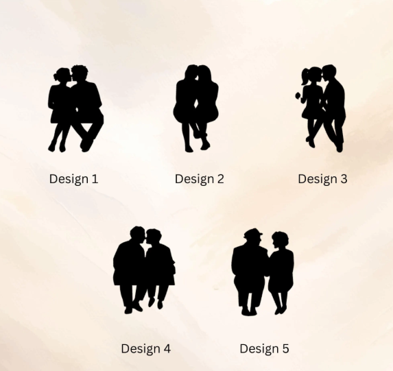Set of five black silhouette designs on a beige background