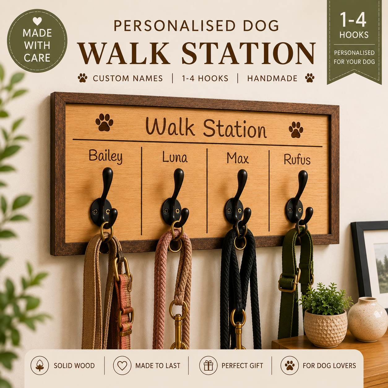 Wooden walk station with hooks for dog leashes and collars, featuring personalised names.