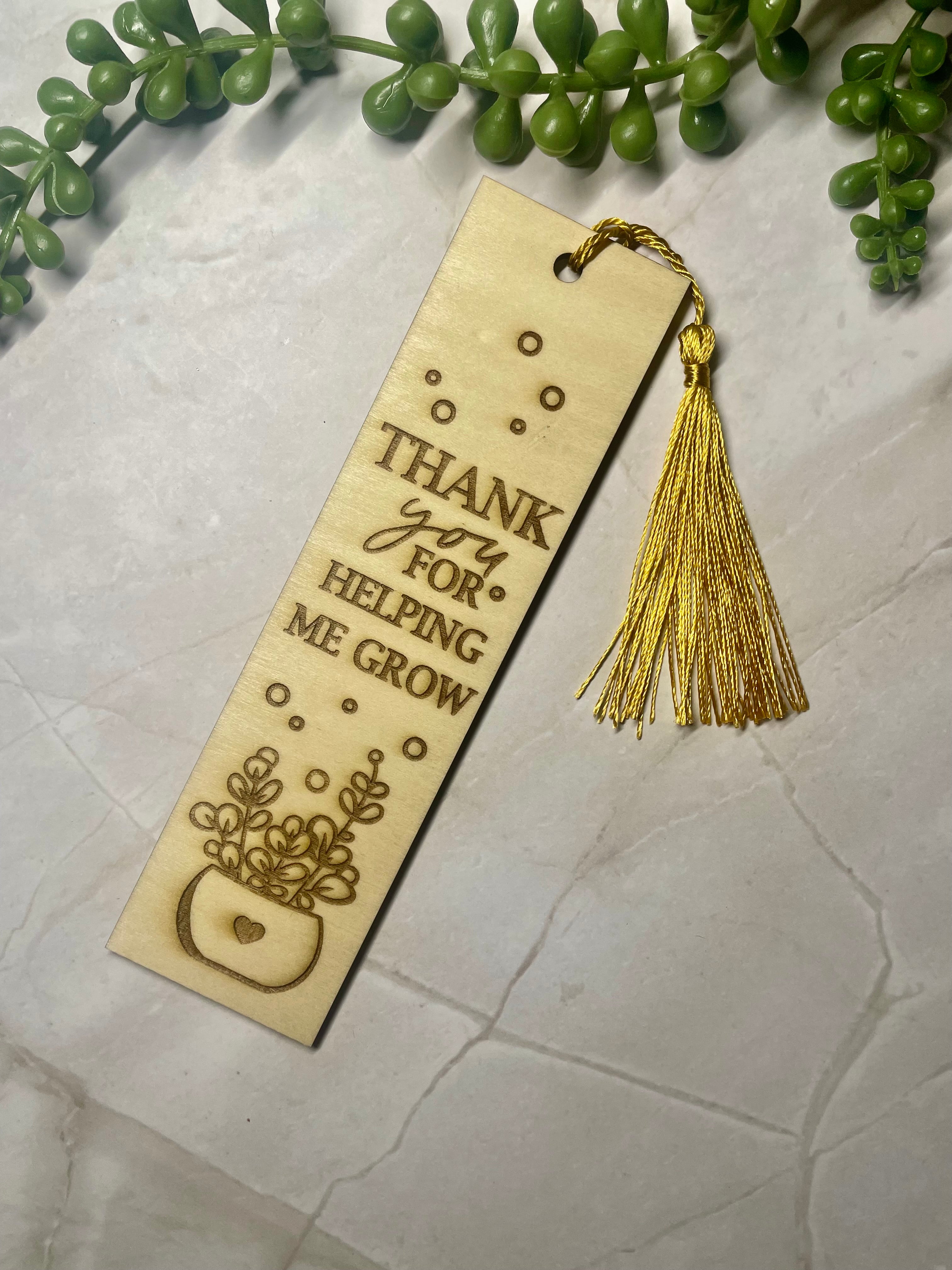 Engraved Wooden Bookmark – “Thank You For Helping Me Grow” – Teacher Appreciation Gift – Rustic Basswood Page Marker with Tassel