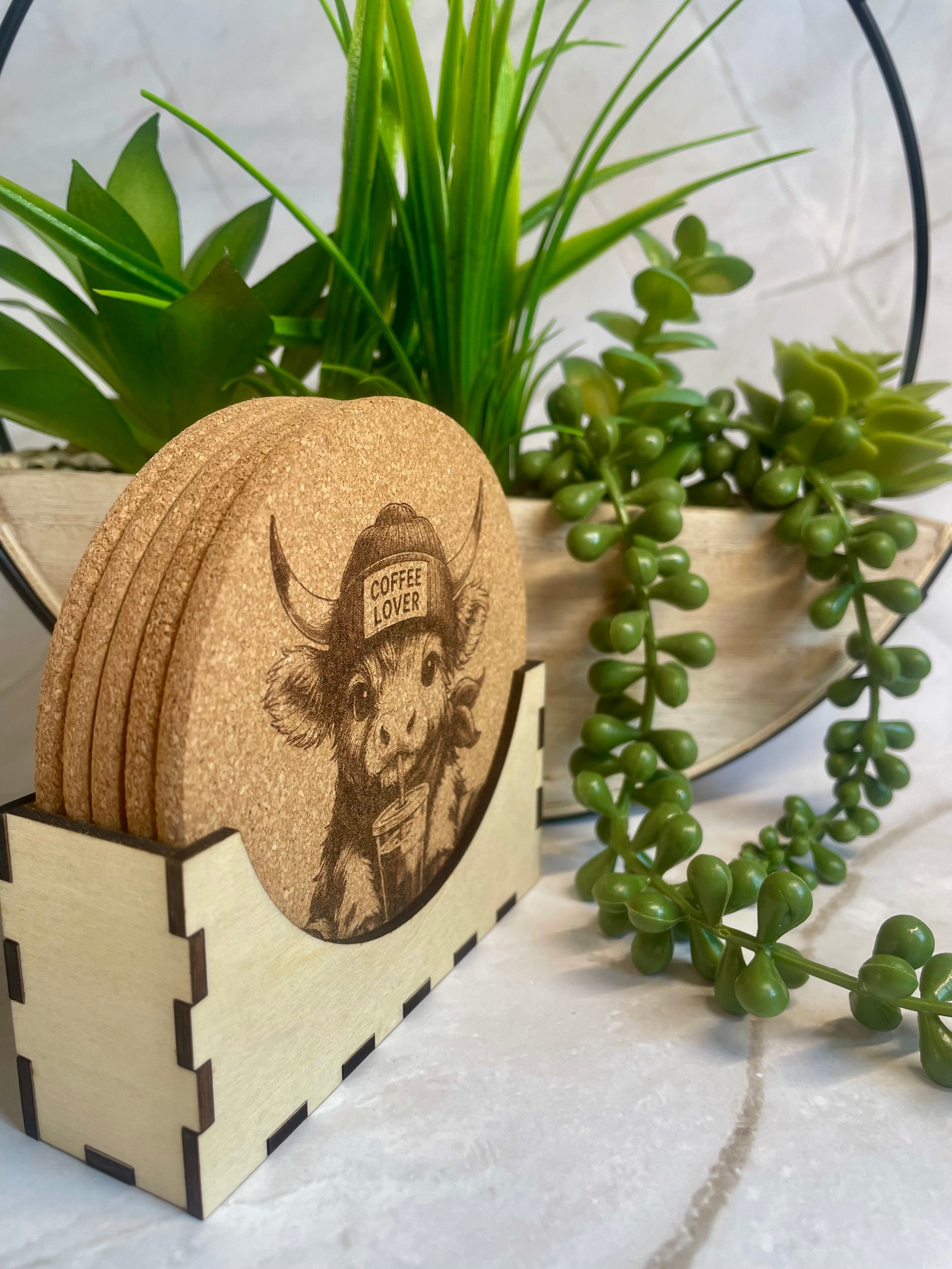 Highland Cow Coffee Lover Engraved Cork Coaster Set with Holder