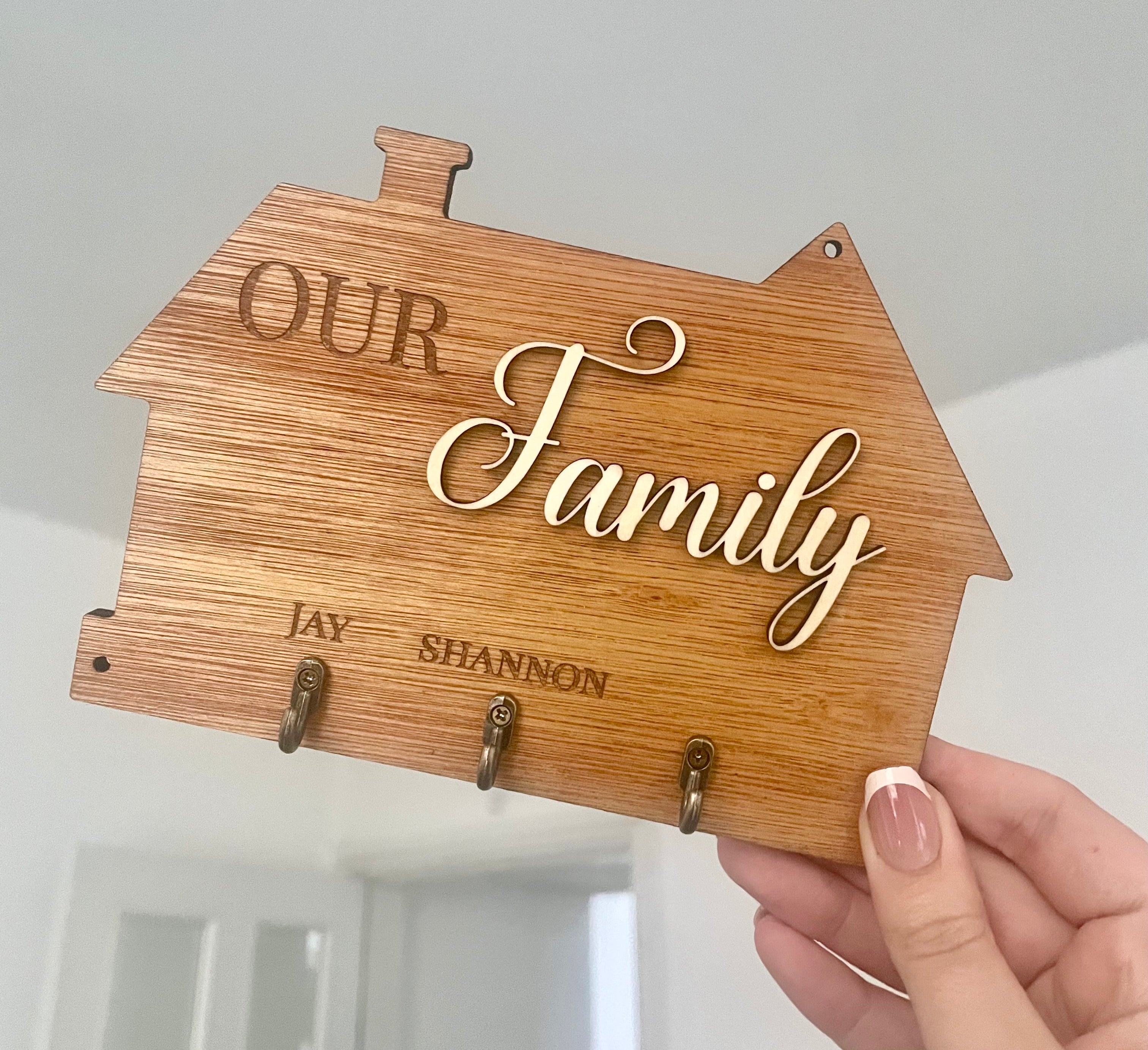 Personalised Wooden Family Key Holder – Custom Name or “Our Family” Wall Key Rack