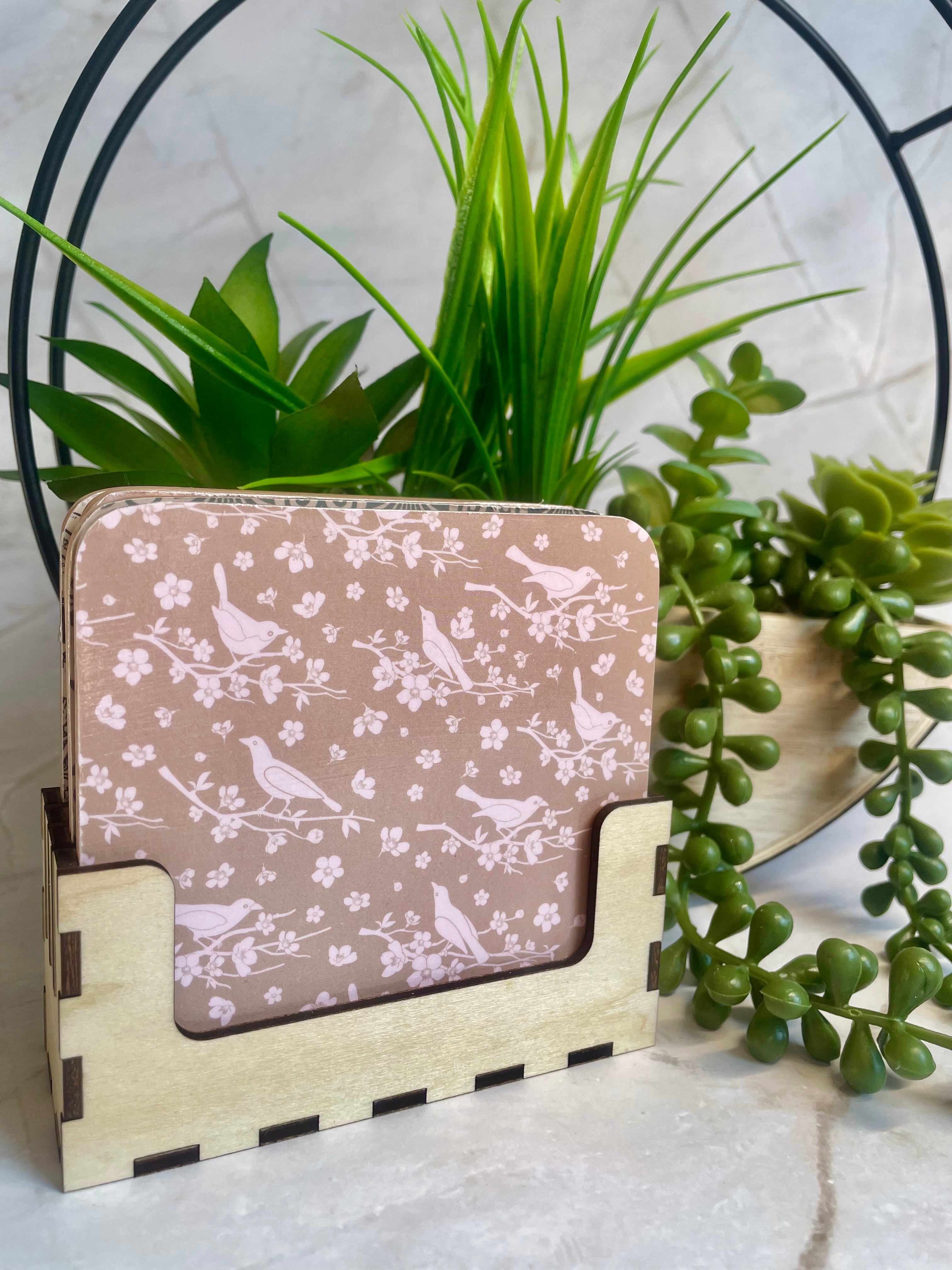 Vintage Botanical Wooden Coaster Set with Holder – Decorative Drink Coasters