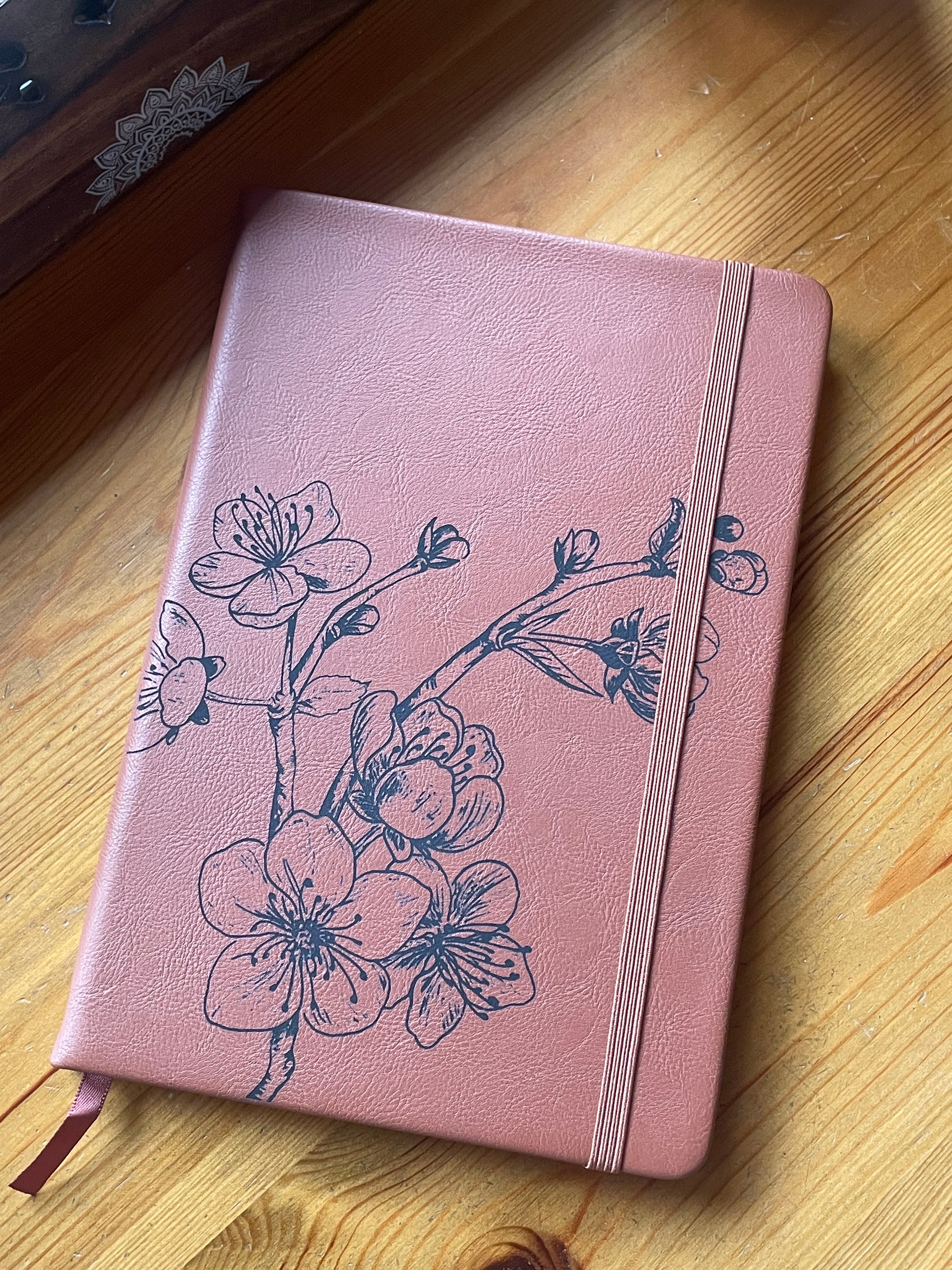 Cherry Blossoms- Engraved A5 Faux Leather Lined Notebook