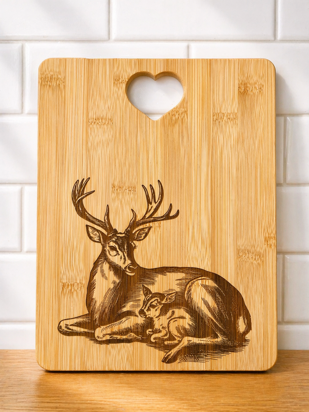 rectangular bamboo chopping board with engraved deer and fawn design and heart handle against white tiled wall
