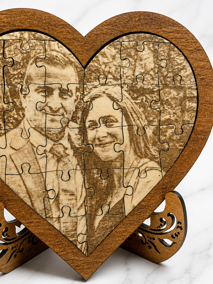 Close up of engraved couple photo on wooden heart puzzle showing detailed laser engraving