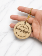 Engraved wooden keyring personalised message for teacher thank you gift with gold chain