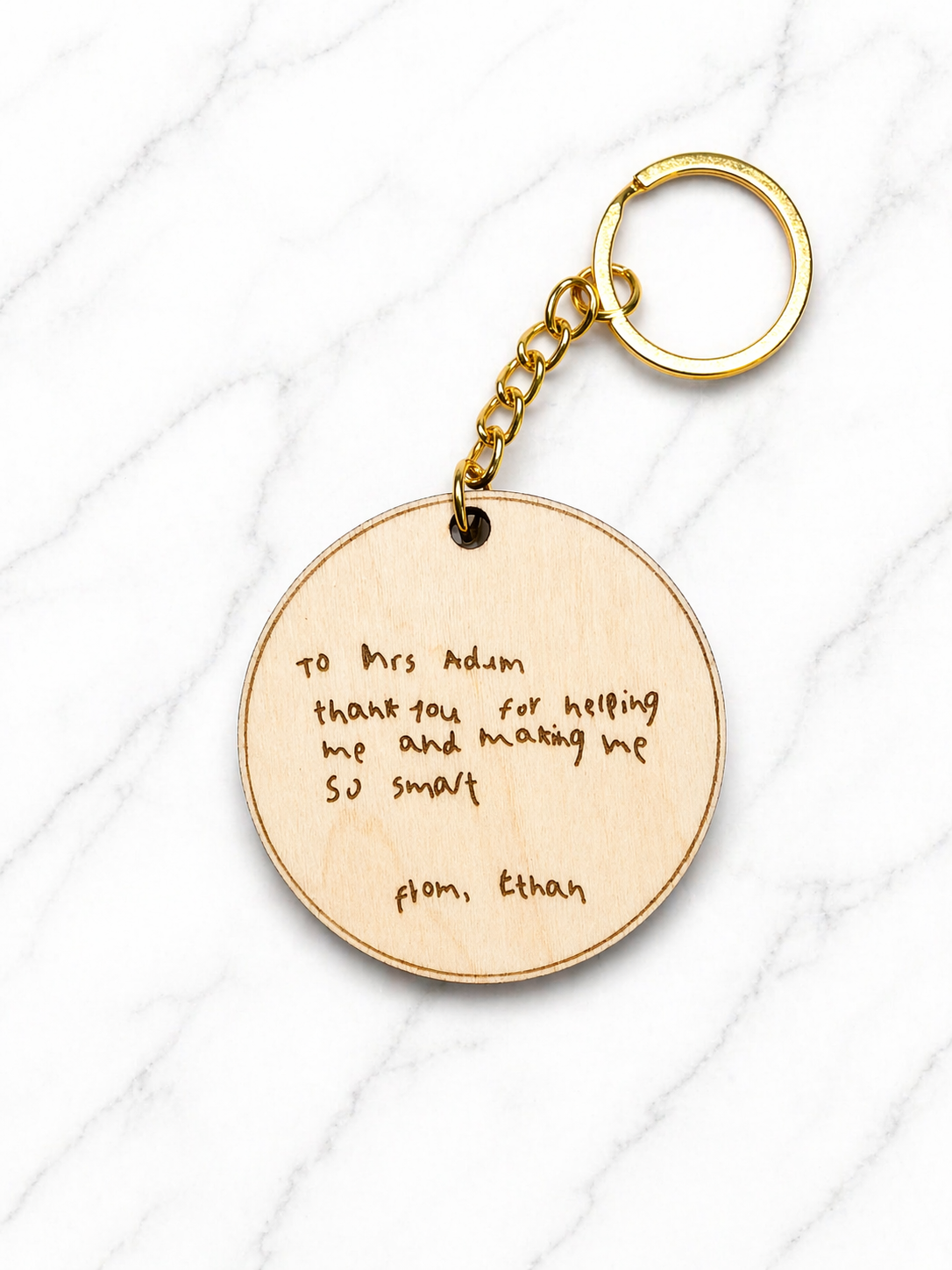 Engraved wooden keyring personalised message for teacher thank you gift with gold chain