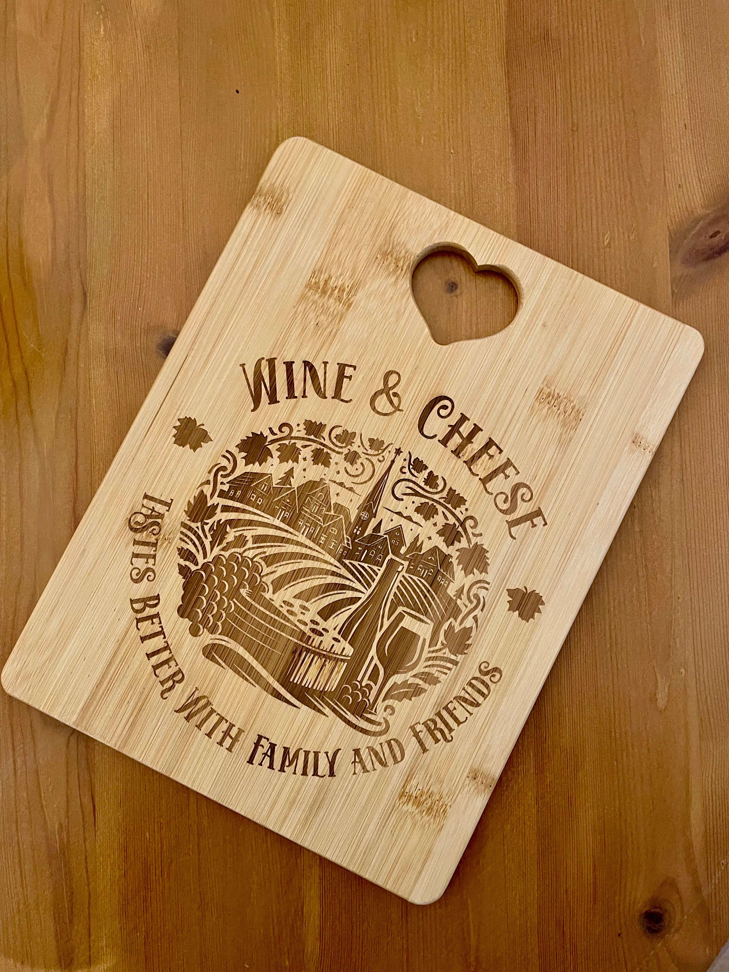 Wine & Cheese Engraved Bamboo Chopping Board – Rustic Vineyard Serving Board