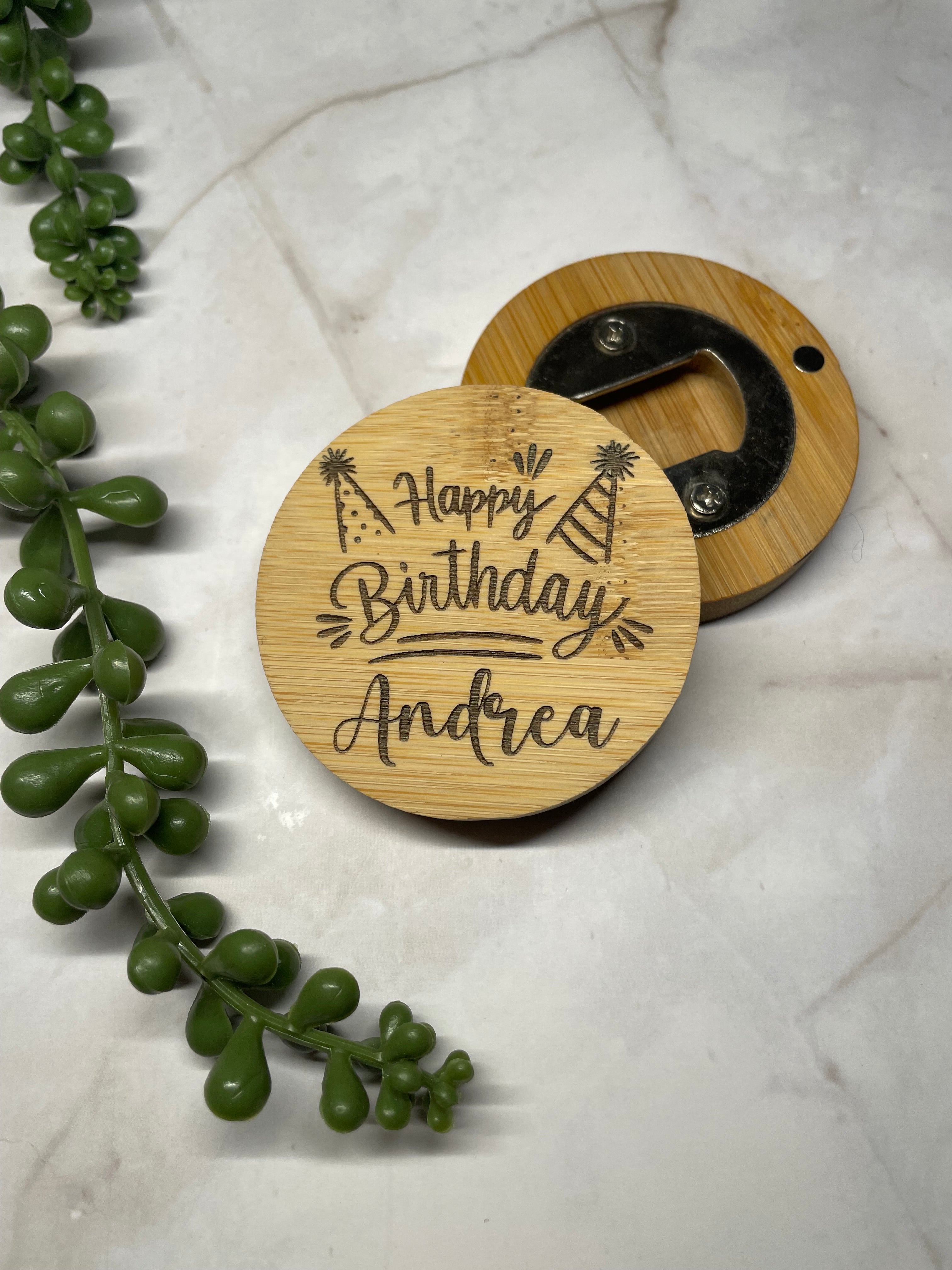 Personalised Bamboo Magnetic Bottle Opener – Happy Birthday Gift