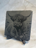 Highland Cow Engraved Slate Coaster – Rustic Laser Engraved Scottish Cow Decor
