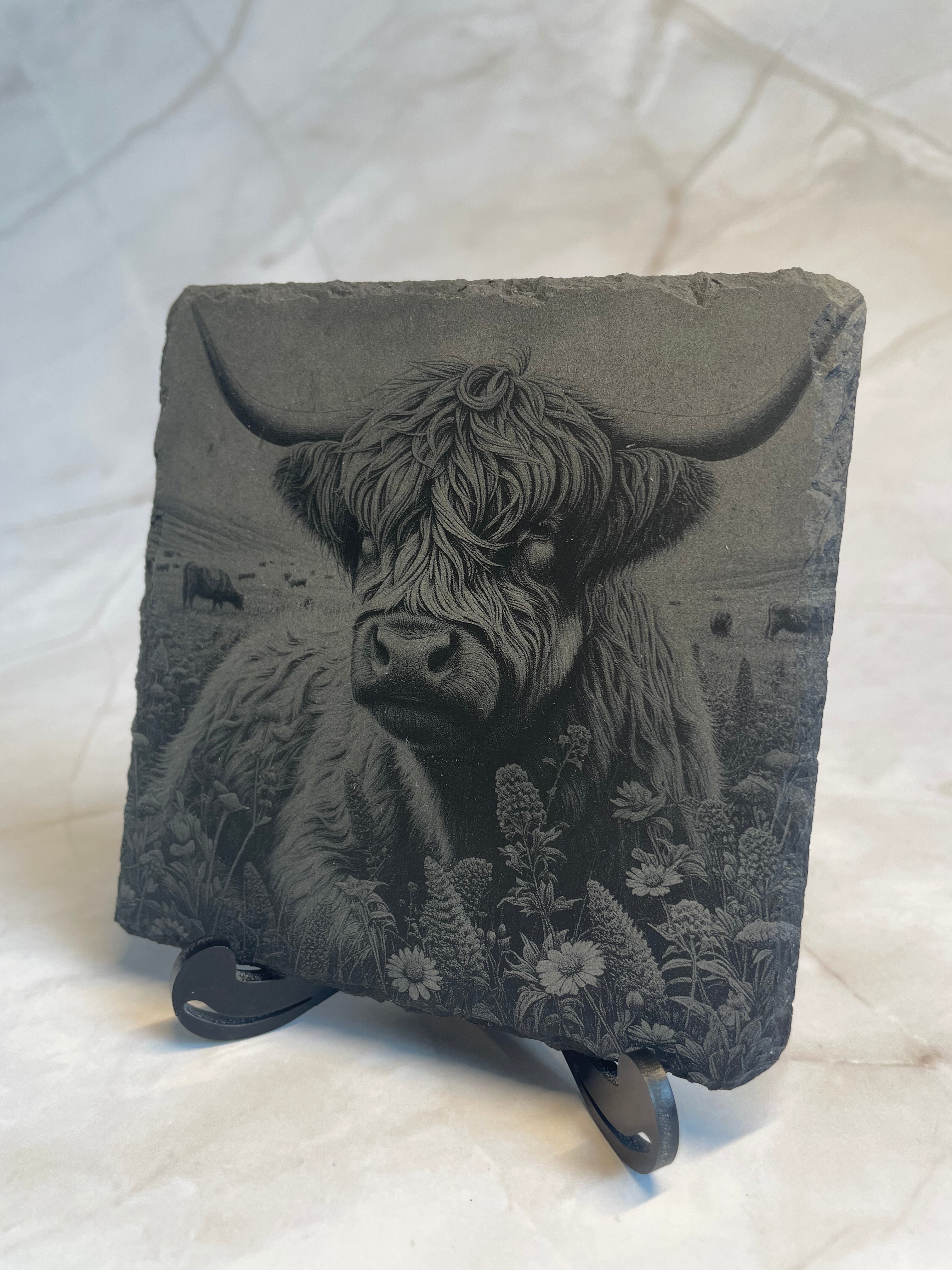 Highland Cow Engraved Slate Coaster – Rustic Laser Engraved Scottish Cow Decor