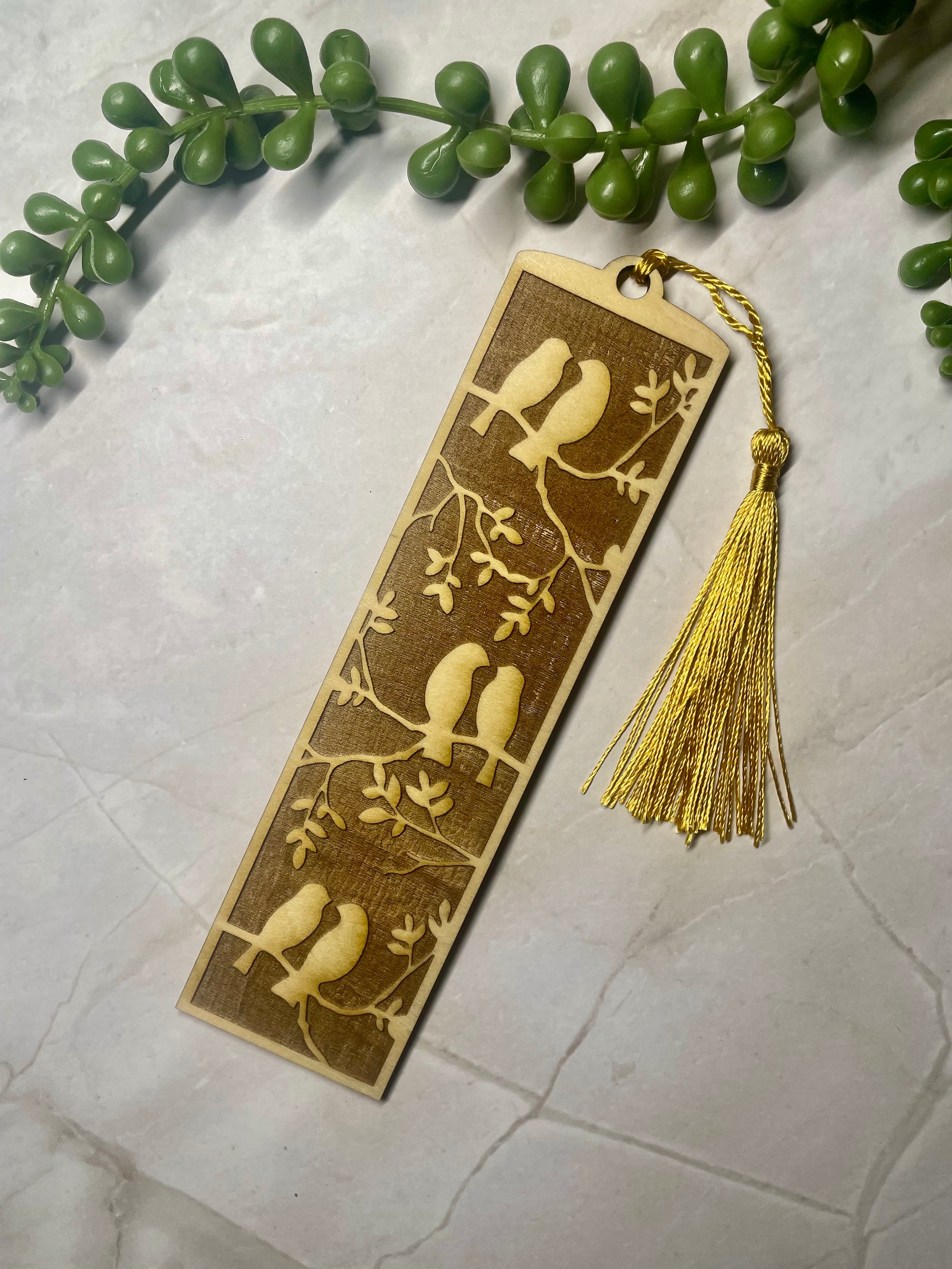 Engraved Wooden Bird Bookmark – Nature Lover Gift – Tree & Birds Design – Rustic Basswood Page Marker with Tassel
