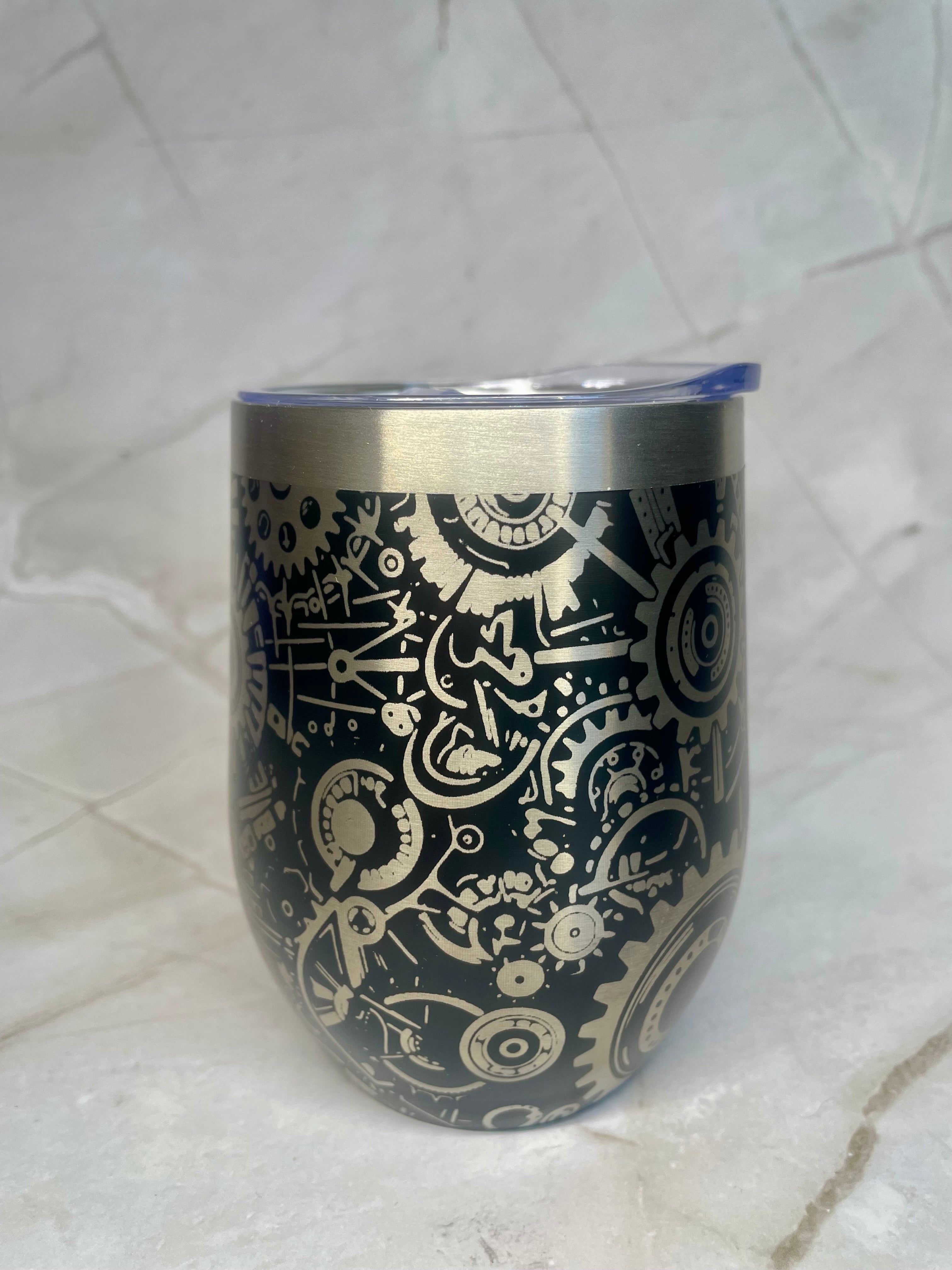 Steampunk Gear Engraved Stainless Steel Tumbler – Mechanical Cog Drinkware