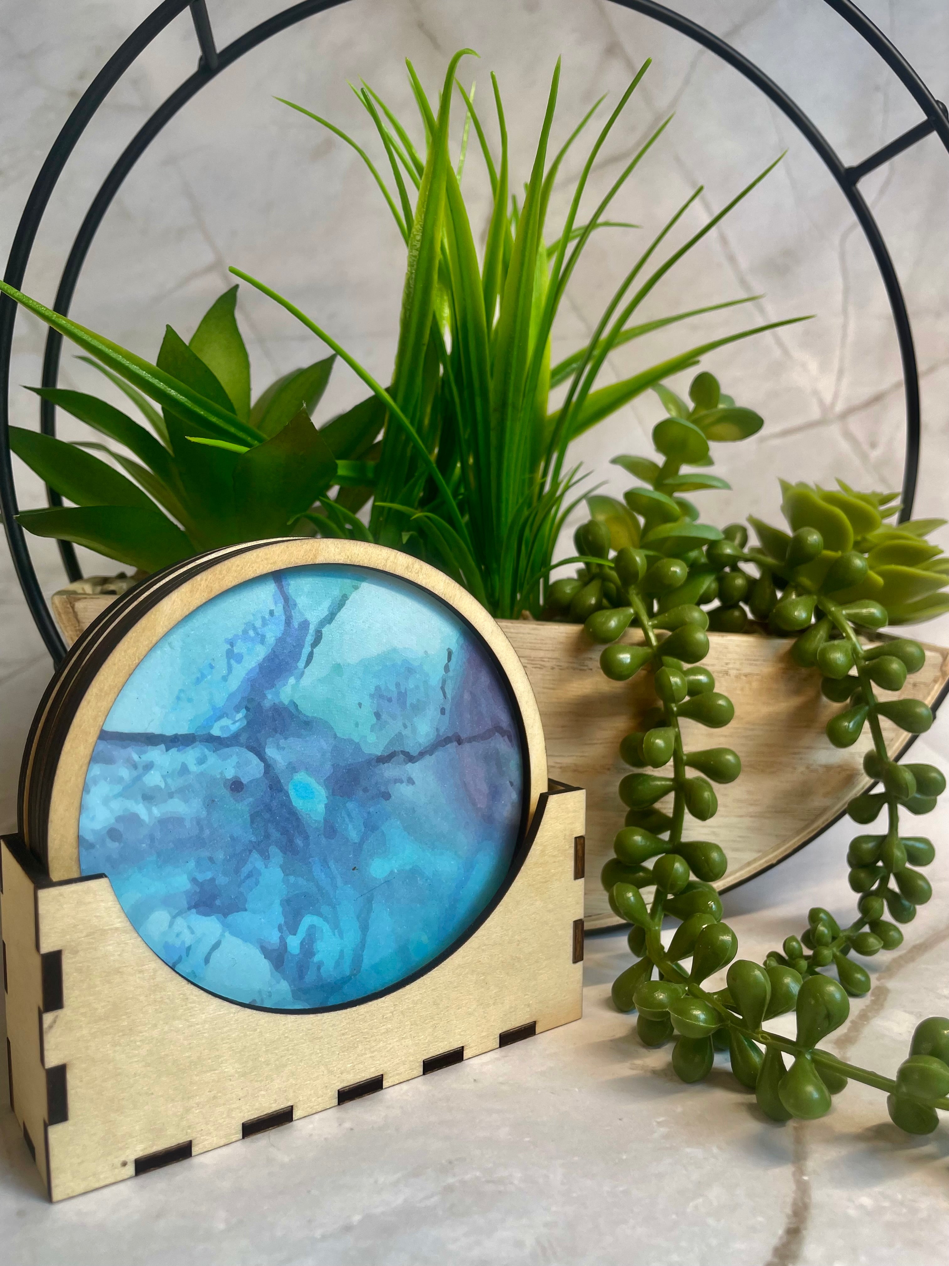 Blue Abstract Watercolour Coaster Set with Holder – Modern Drink Coasters