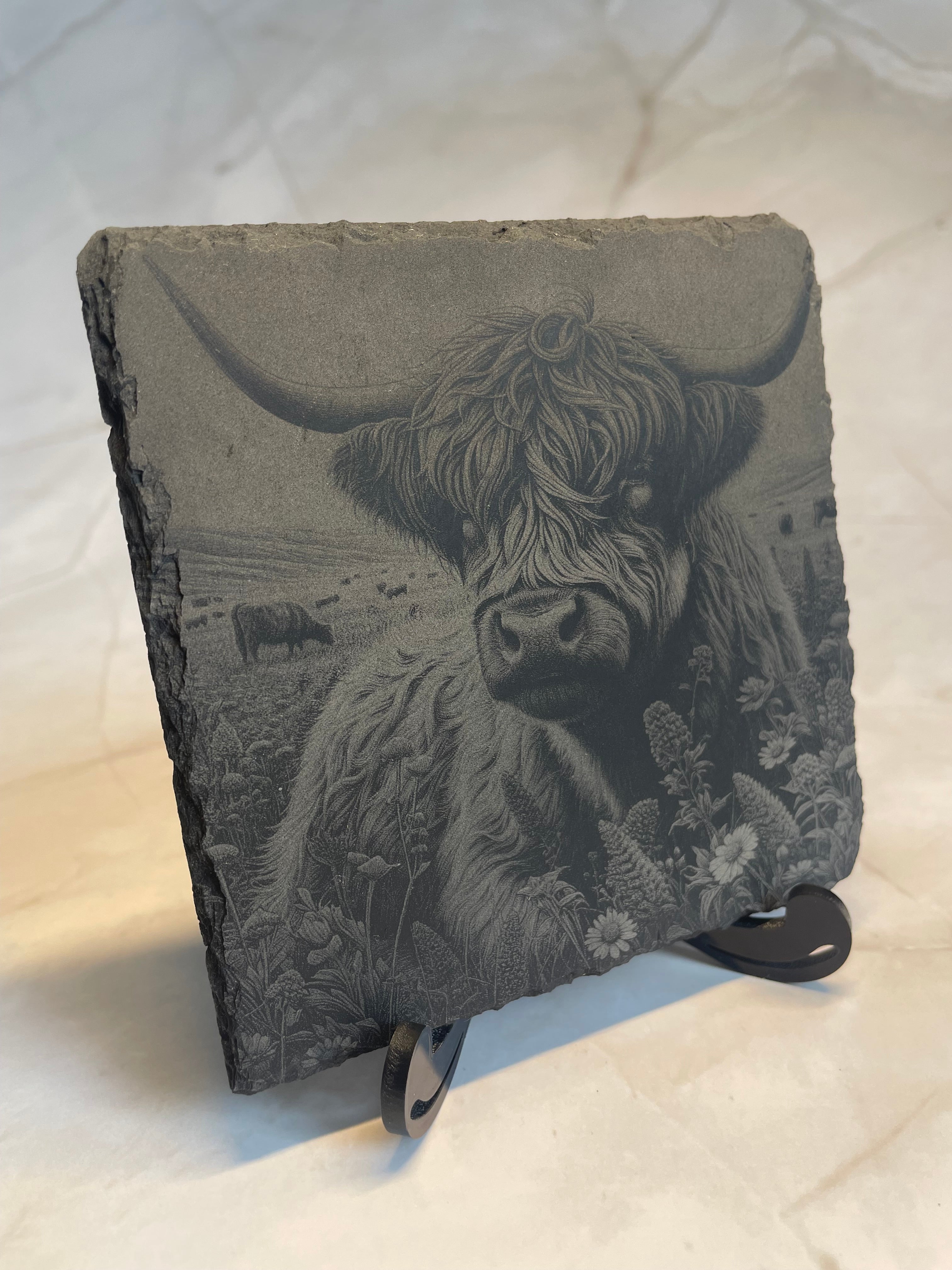 Highland Cow Engraved Slate Coaster – Rustic Laser Engraved Scottish Cow Decor