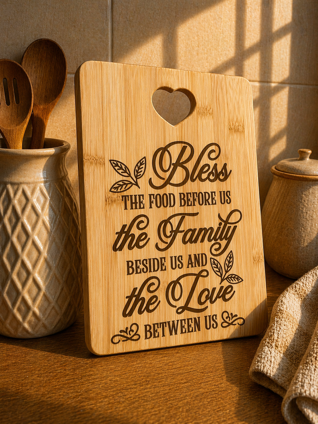 Engraved bamboo chopping board with family blessing quote styled in warm kitchen setting with utensils and soft lighting
