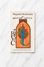 Sword and serpent magnetic bookmark displayed on Bluebell Valley Creations branded packaging