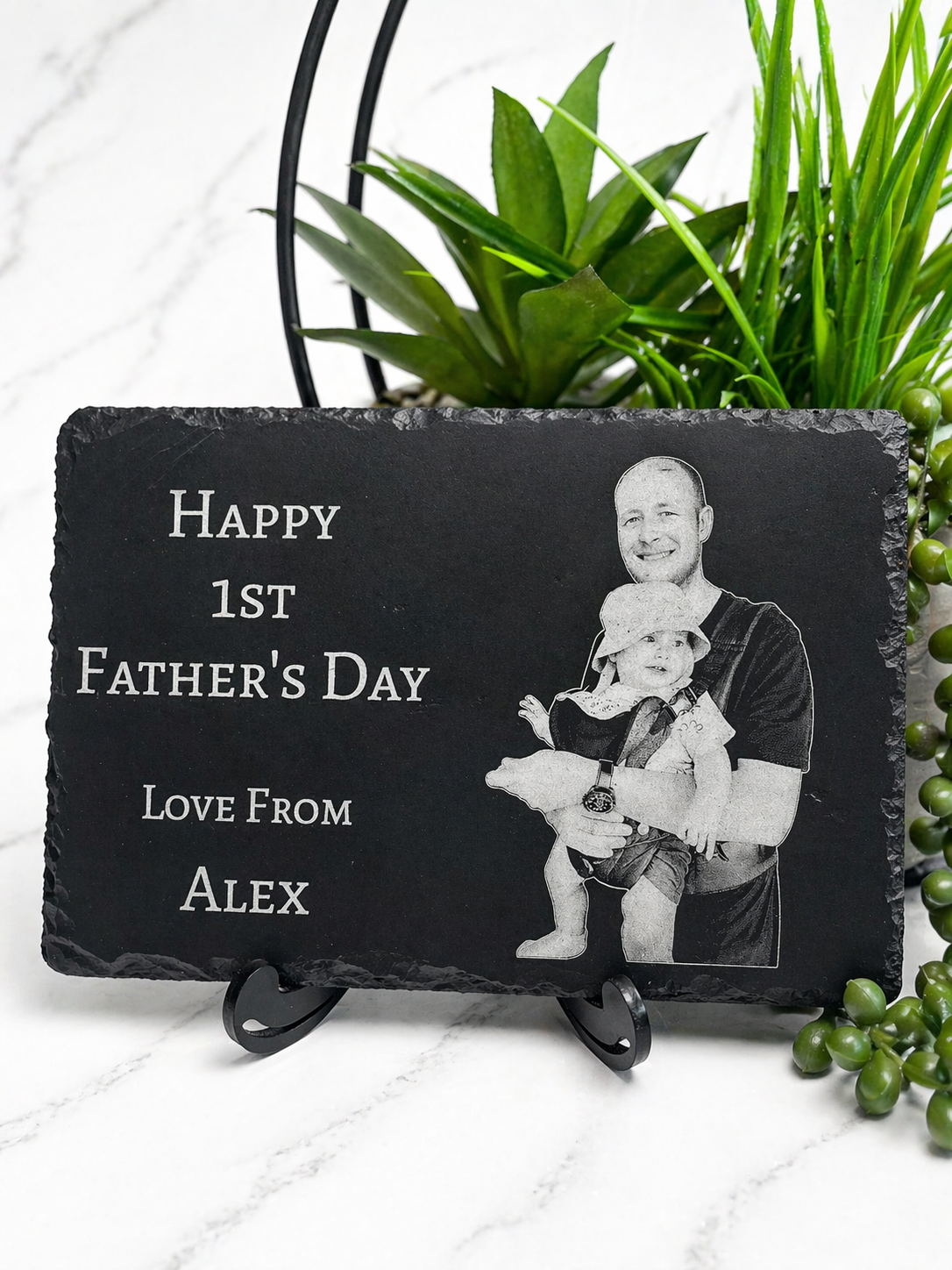 Custom Father’s Day slate photo gift with engraved image and text, personalised plaque with indoor plant decor