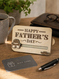 Father’s Day wooden gift card holder displayed on desk with gift card and coffee personalised dad gift