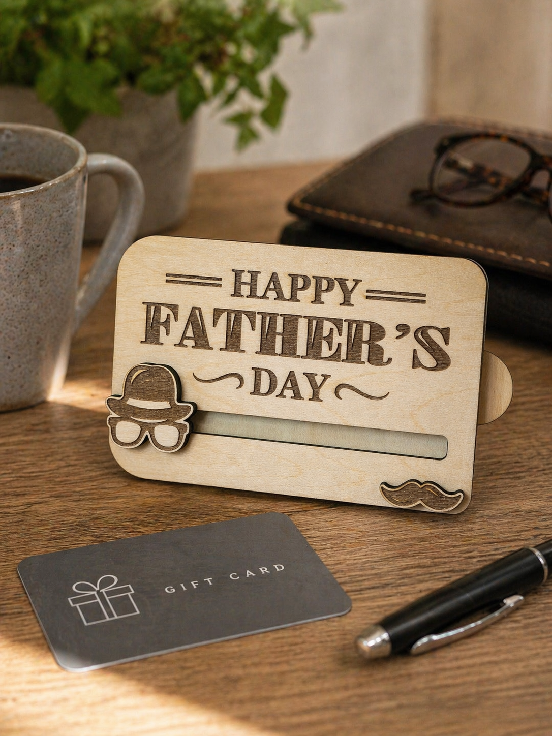 Father’s Day wooden gift card holder displayed on desk with gift card and coffee personalised dad gift