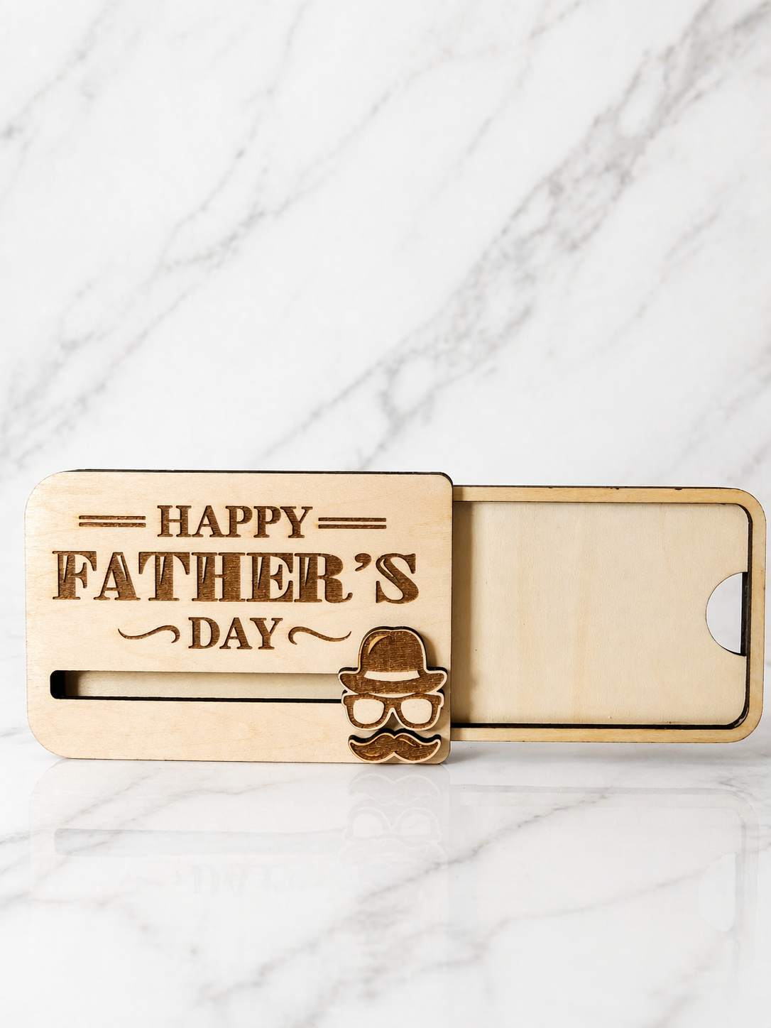 Wooden gift card holder with sliding compartment open to hold gift card personalised Father’s Day present