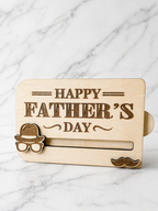 Engraved wooden gift card holder for dad with moustache design personalised Father’s Day gift