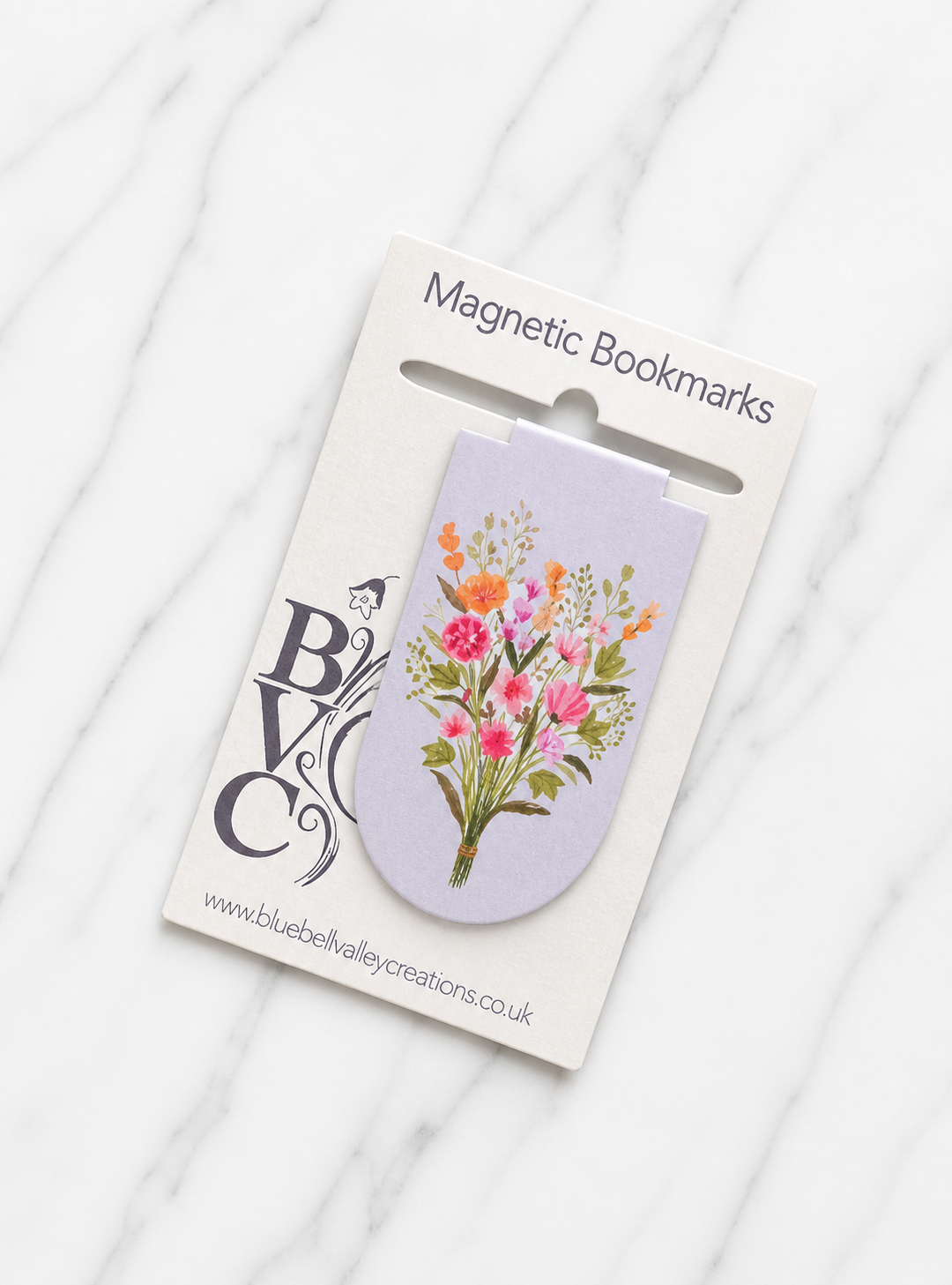 Wildflower magnetic bookmark displayed on branded backing card ready for gifting