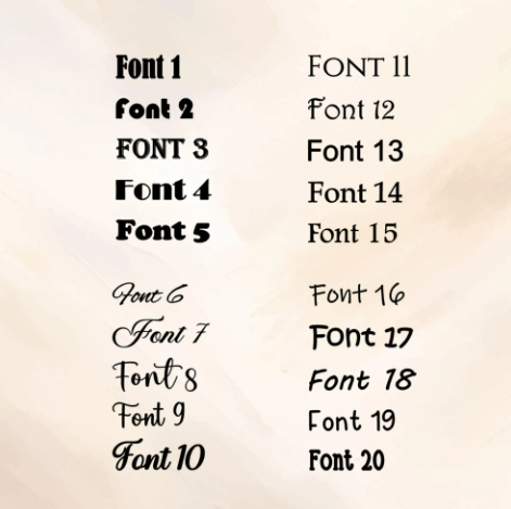 List of 20 different fonts on a beige background