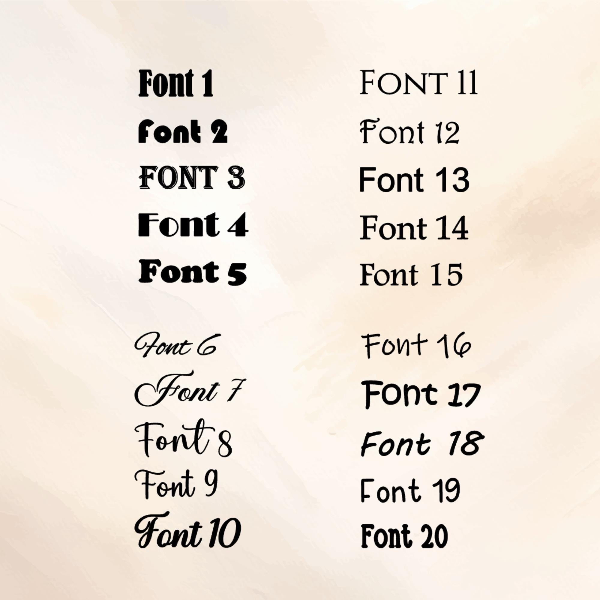 List of 20 different fonts on a beige background