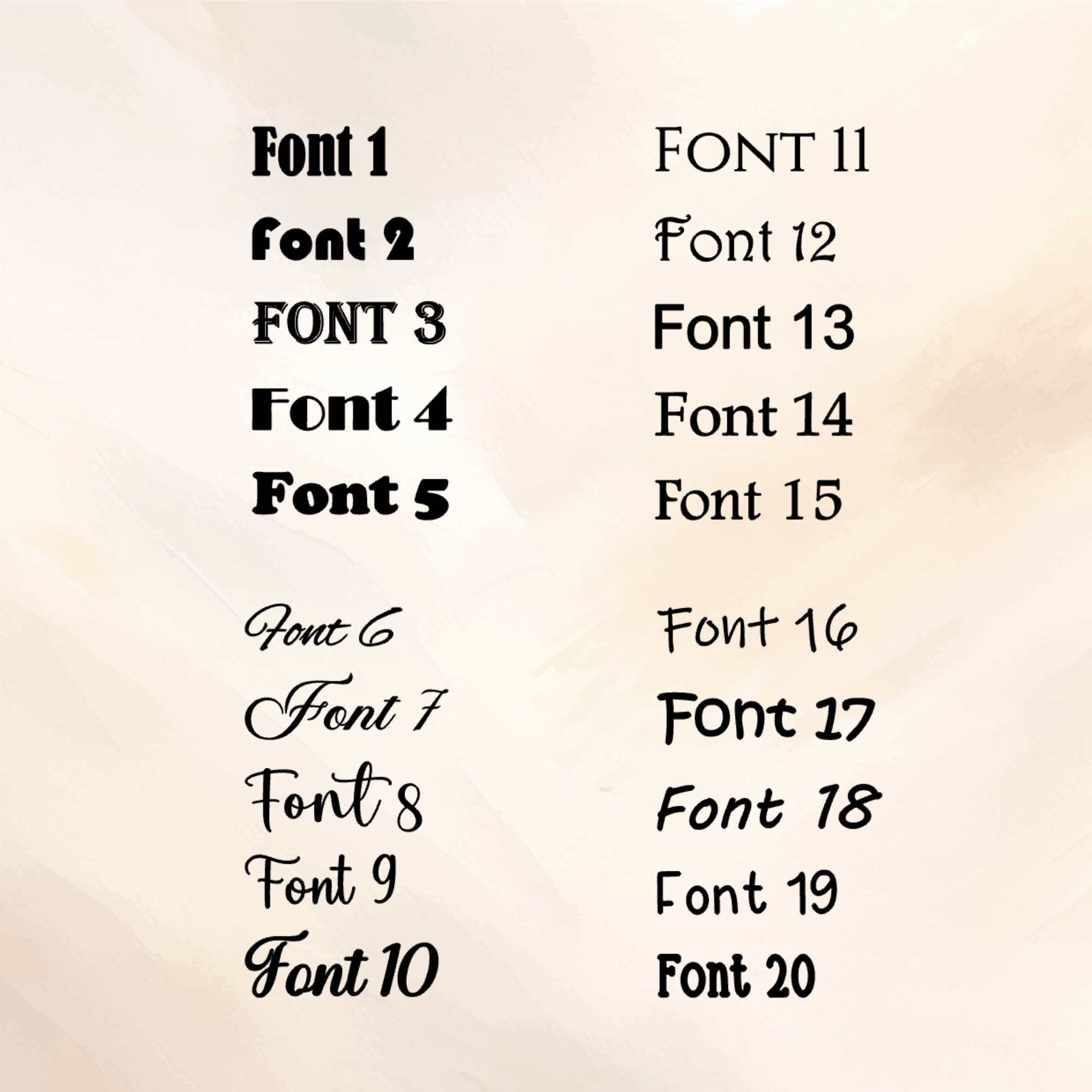 List of 20 different fonts on a beige background