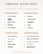 Font selection guide with various script, modern, and casual font options.