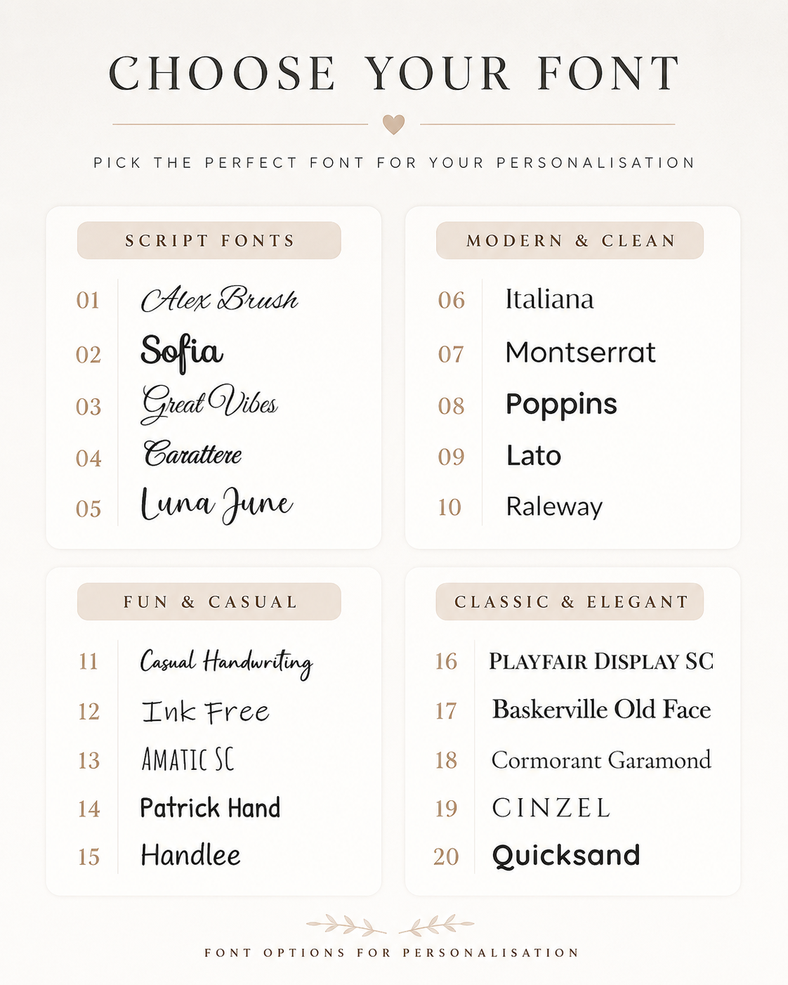 Font selection guide with various script, modern, and casual font options.