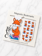 Set of fox magnetic bookmarks including character and pattern design on branded packaging