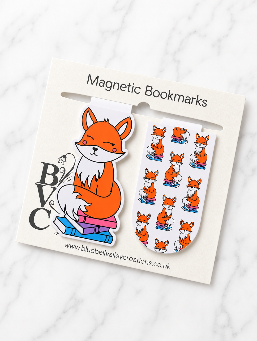 Set of fox magnetic bookmarks including character and pattern design on branded packaging