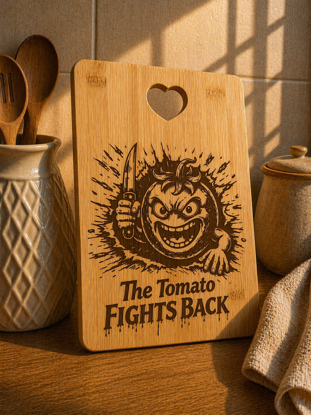 Engraved bamboo chopping board with “The Tomato Fights Back” design styled in warm kitchen setting with utensils and soft light