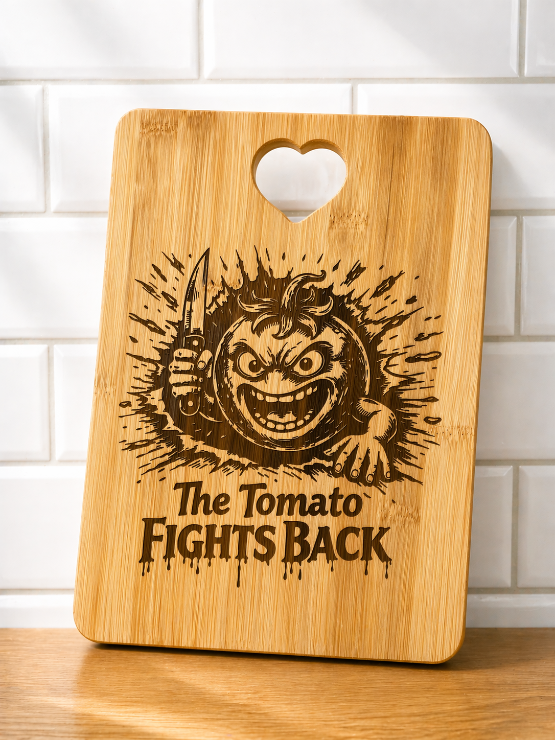 Bamboo chopping board engraved with angry tomato holding knife and “The Tomato Fights Back” text against white tiled wall