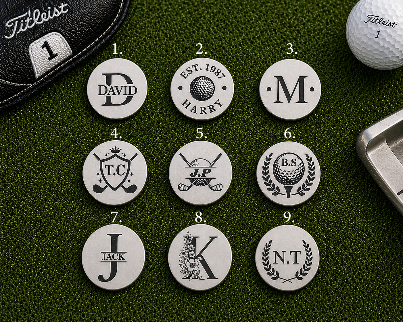 Nine personalised golf ball markers on a green surface with golf equipment.