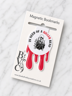 Skeleton themed magnetic bookmark with red drip design attached to Bluebell Valley Creations branded packaging card, showing retail presentation on marble background