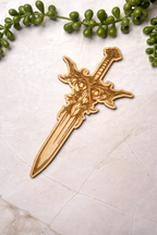 Laser engraved wooden sword bookmark with intricate gothic design, handmade gift