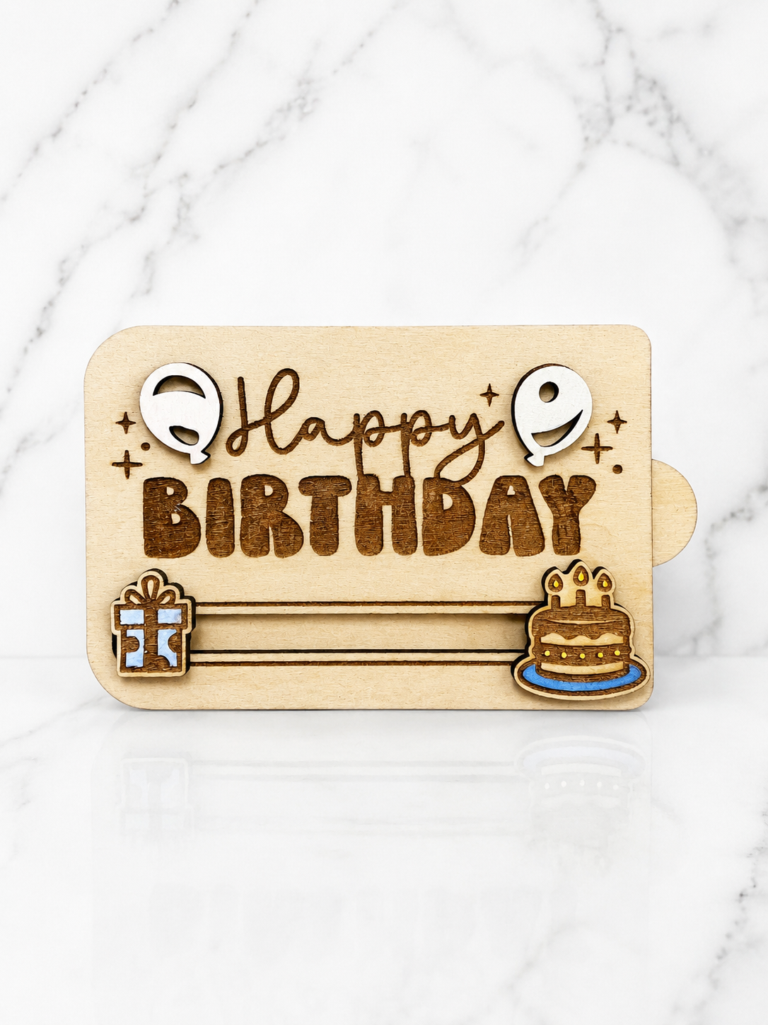 Laser engraved wooden happy birthday gift card holder with balloon, cake and present design