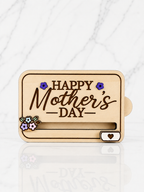 Laser engraved wooden mothers day gift card holder with floral detail and engraved message