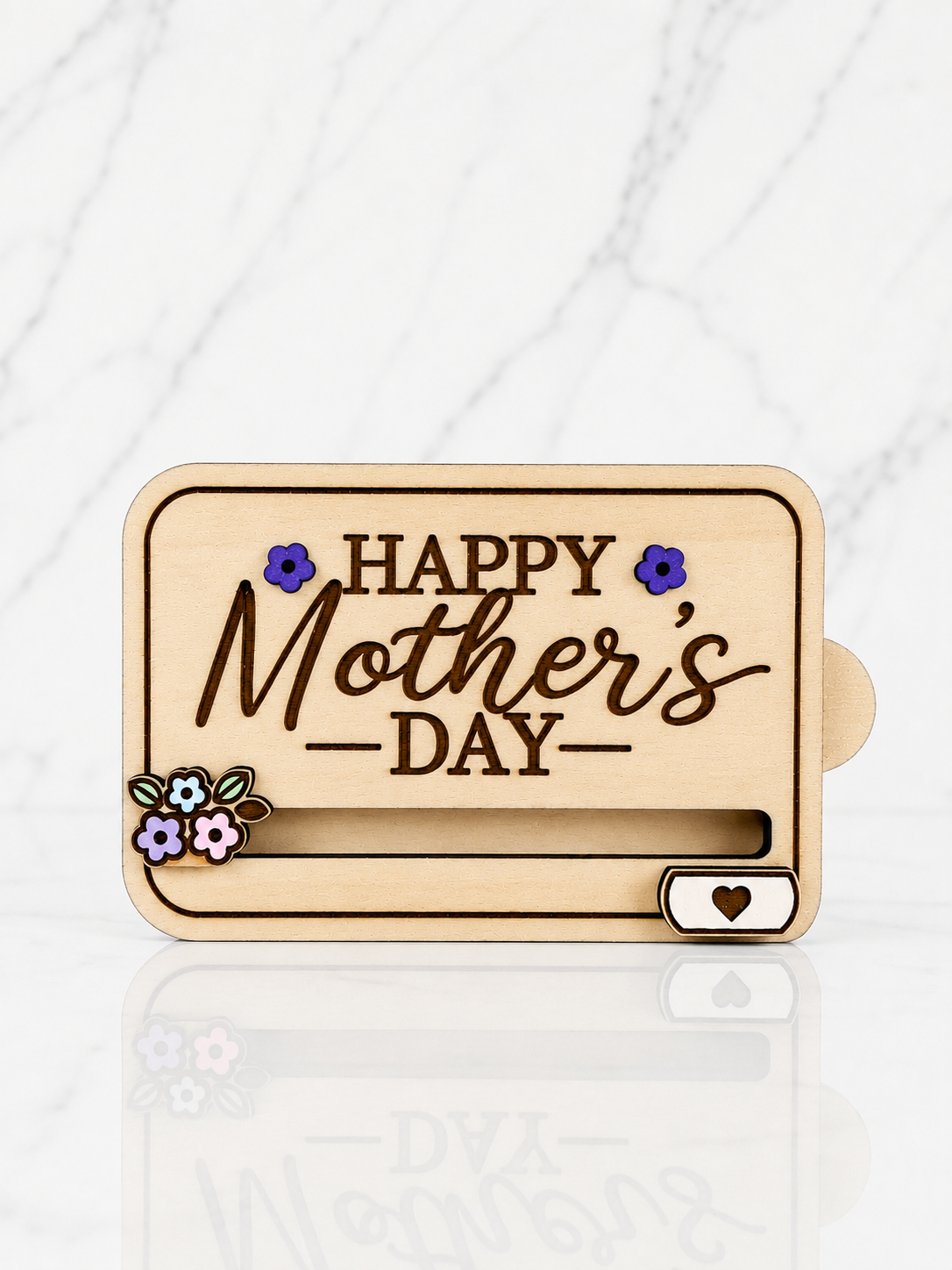 Laser engraved wooden mothers day gift card holder with floral detail and engraved message