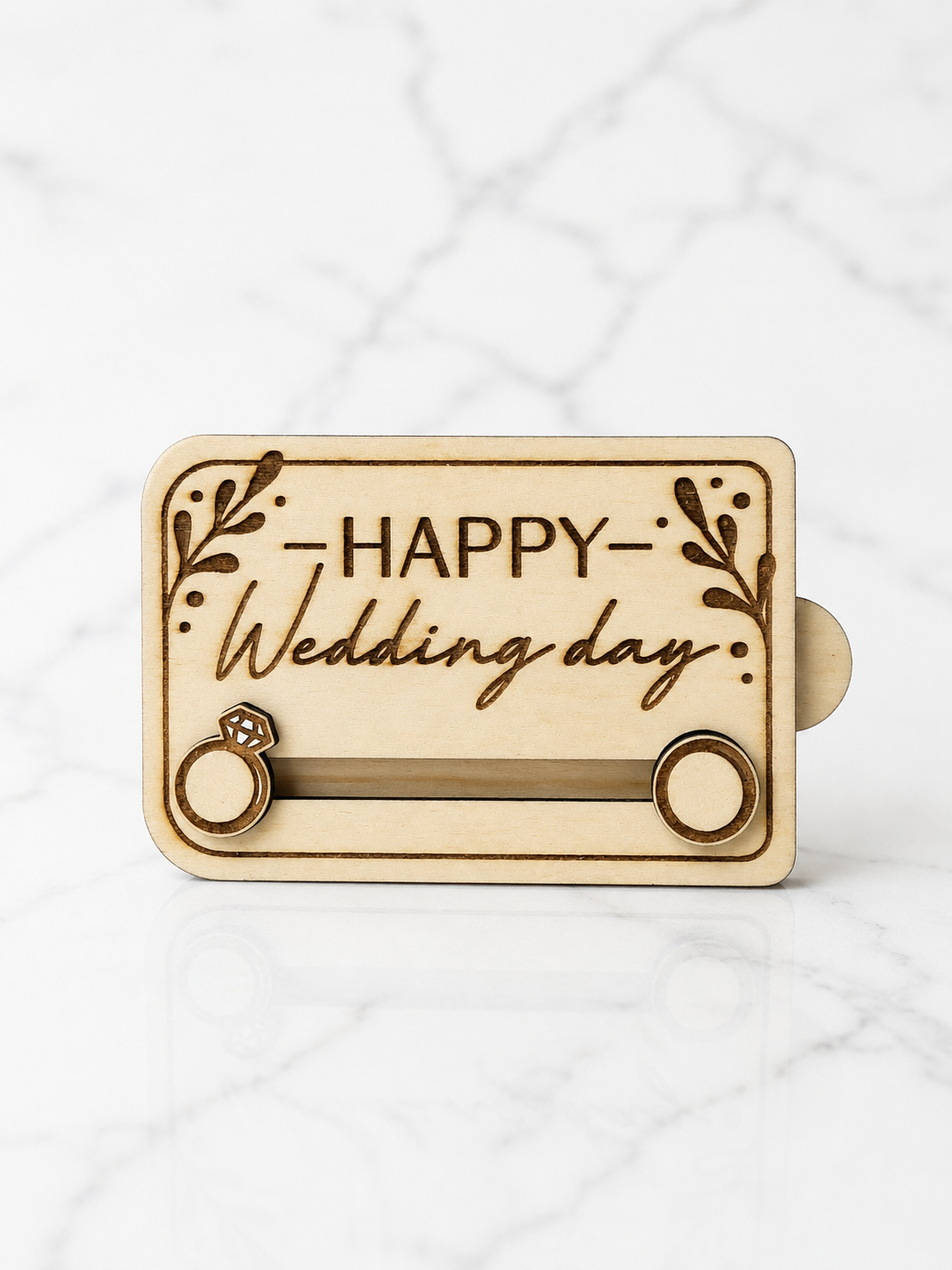 Laser engraved wooden wedding gift card holder with decorative foliage and ring design