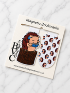 Set of hedgehog magnetic bookmarks including character and pattern design on branded packaging