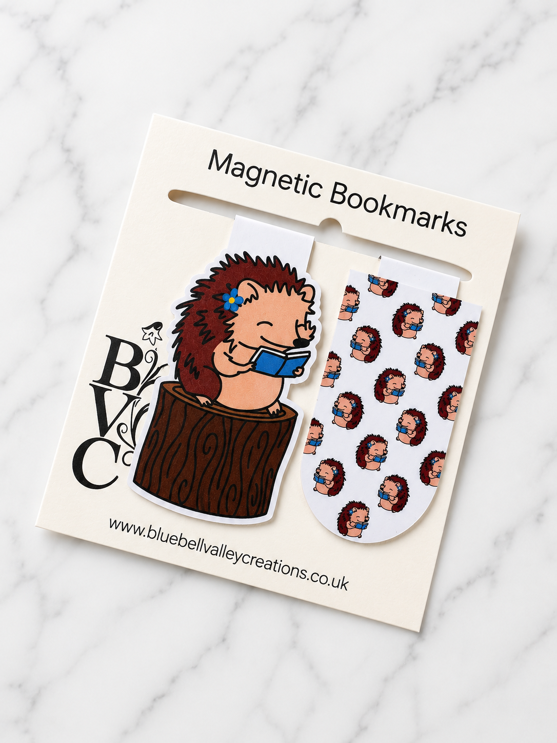 Set of hedgehog magnetic bookmarks including character and pattern design on branded packaging