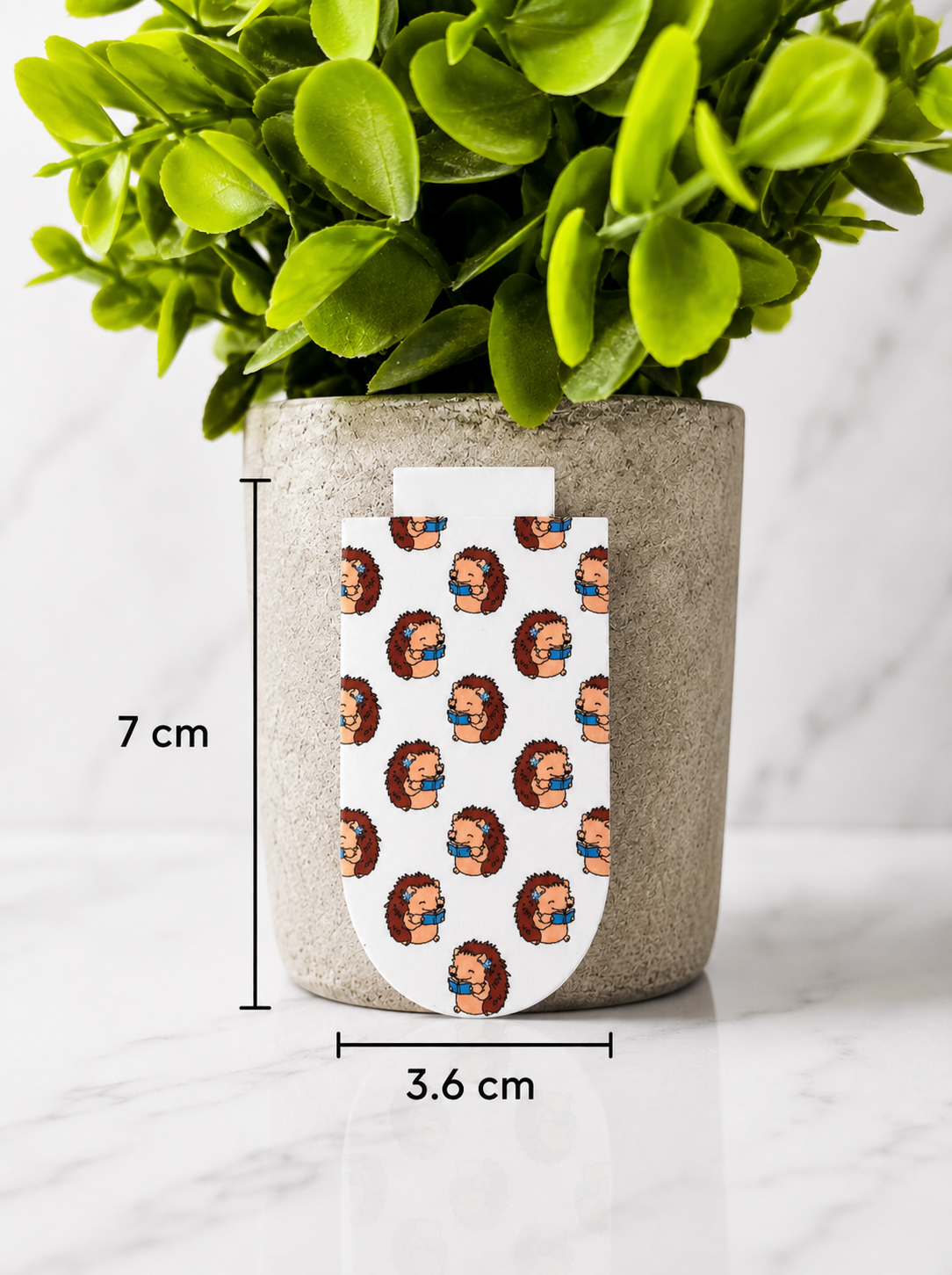 Magnetic bookmark with repeating hedgehog reading design shown with measurements 7 cm by 3.6 cm on a marble background with plant