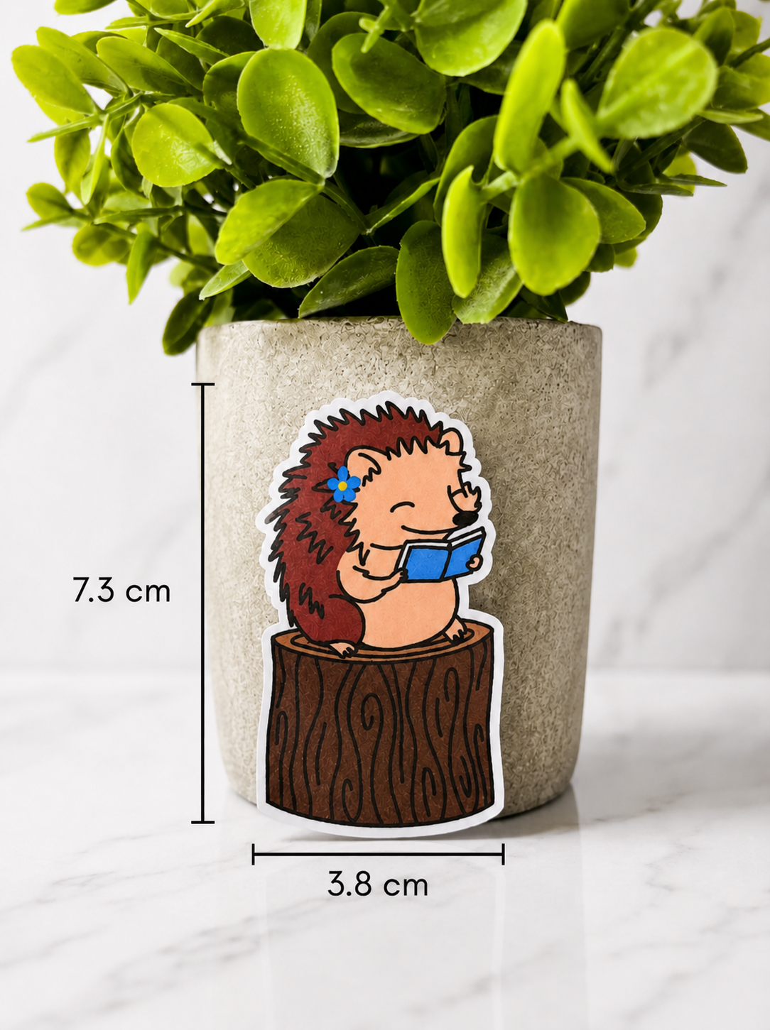 Magnetic bookmark featuring a cute hedgehog reading a book sitting on a tree stump with measurements 7.3 cm by 3.8 cm